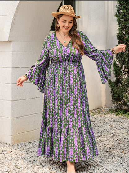 Plus Size Printed V-Neck Long Sleeve Maxi Dress - Spirit and Rebel [Spirit and Rebel]   