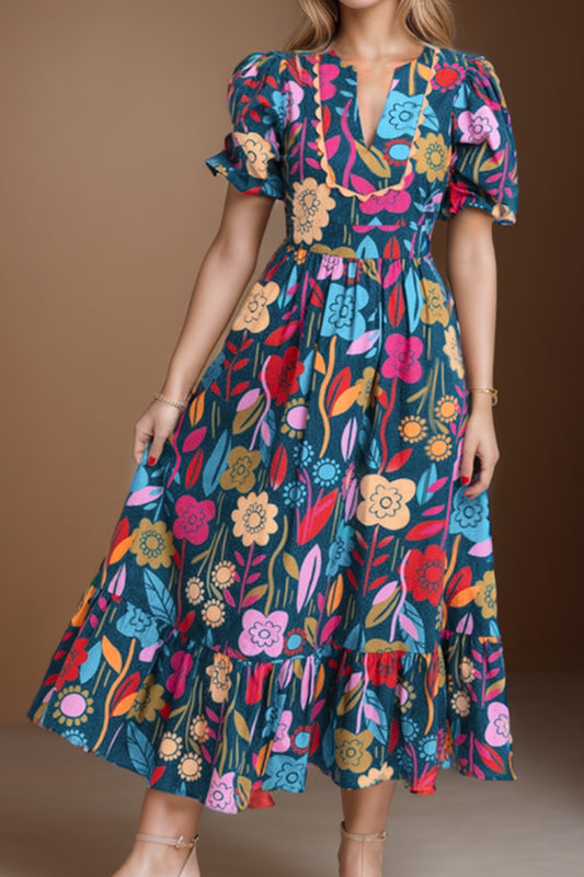 Printed Notched Puff Sleeve Midi Boho Dress - Spirit and Rebel [Spirit and Rebel] Multicolor S 