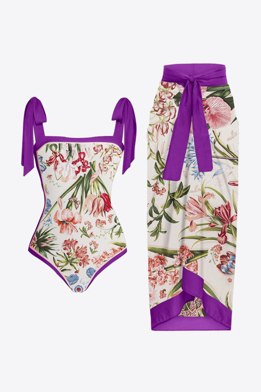 Floral Tie Shoulder Two-Piece Swim Set Sunset and Swim Vivid Violet S