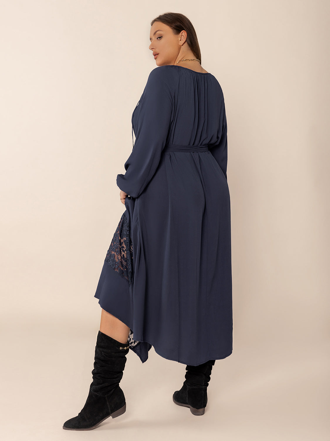 Spirit and Rebel Plus Size Lace Detail Tie Neck Long Sleeve Midi Dress [Spirit and Rebel]   