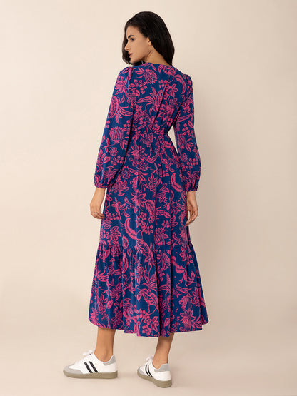 Spirit and Rebel Printed V-Neck Long Sleeve Midi Dress [Spirit and Rebel]   