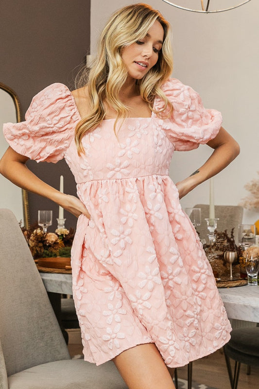 Flower Square Neck Puff Sleeve Boho Dress - Spirit and Rebel [Spirit and Rebel] Blush S 