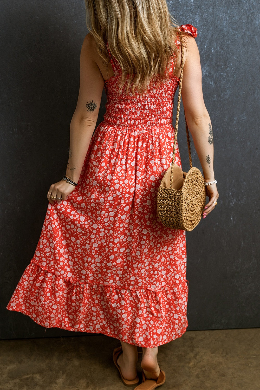 Smocked Printed Tie Shoulder Boho Dress [Spirit and Rebel]   