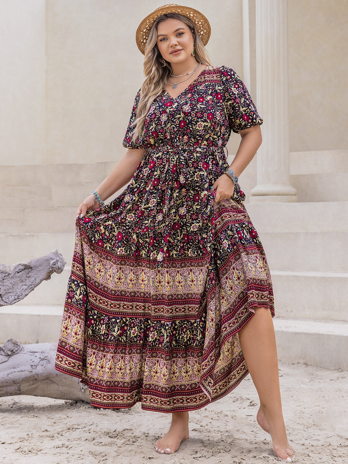 Plus Size Printed V-Neck Short Sleeve Maxi Dress - Spirit and Rebel [Spirit and Rebel] Burgundy 0XL 