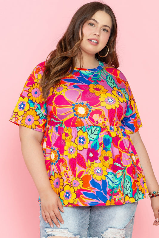 Plus Size Printed Round Neck Short Sleeve Boho Top - Spirit and Rebel [Spirit and Rebel] Floral 1XL 