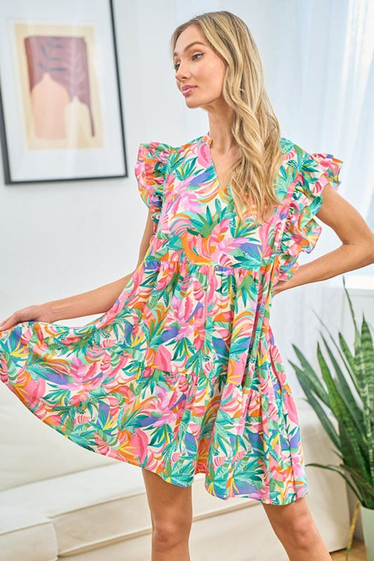 Ruffled Printed Notched Cap Sleeve Boho Dress - Spirit and Rebel [Spirit and Rebel] Multi S 