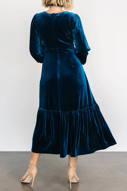 V-Neck Long Sleeve Midi Velvet Dress [Spirit and Rebel]