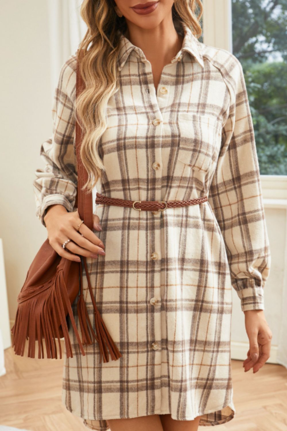 Plaid Collared Neck Long Sleeve Mini Shirt Dress [Spirit and Rebel]