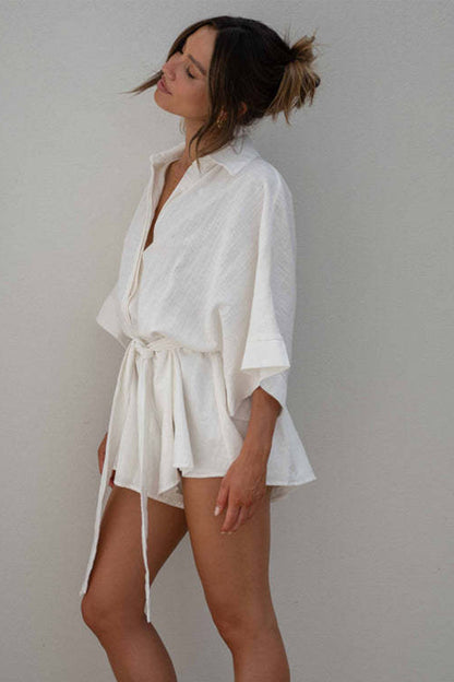 Tied Button Up Collared Neck Boho Romper - Spirit and Rebel [Spirit and Rebel]   