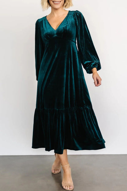 V-Neck Long Sleeve Midi Velvet Dress [Spirit and Rebel] Black Forest S