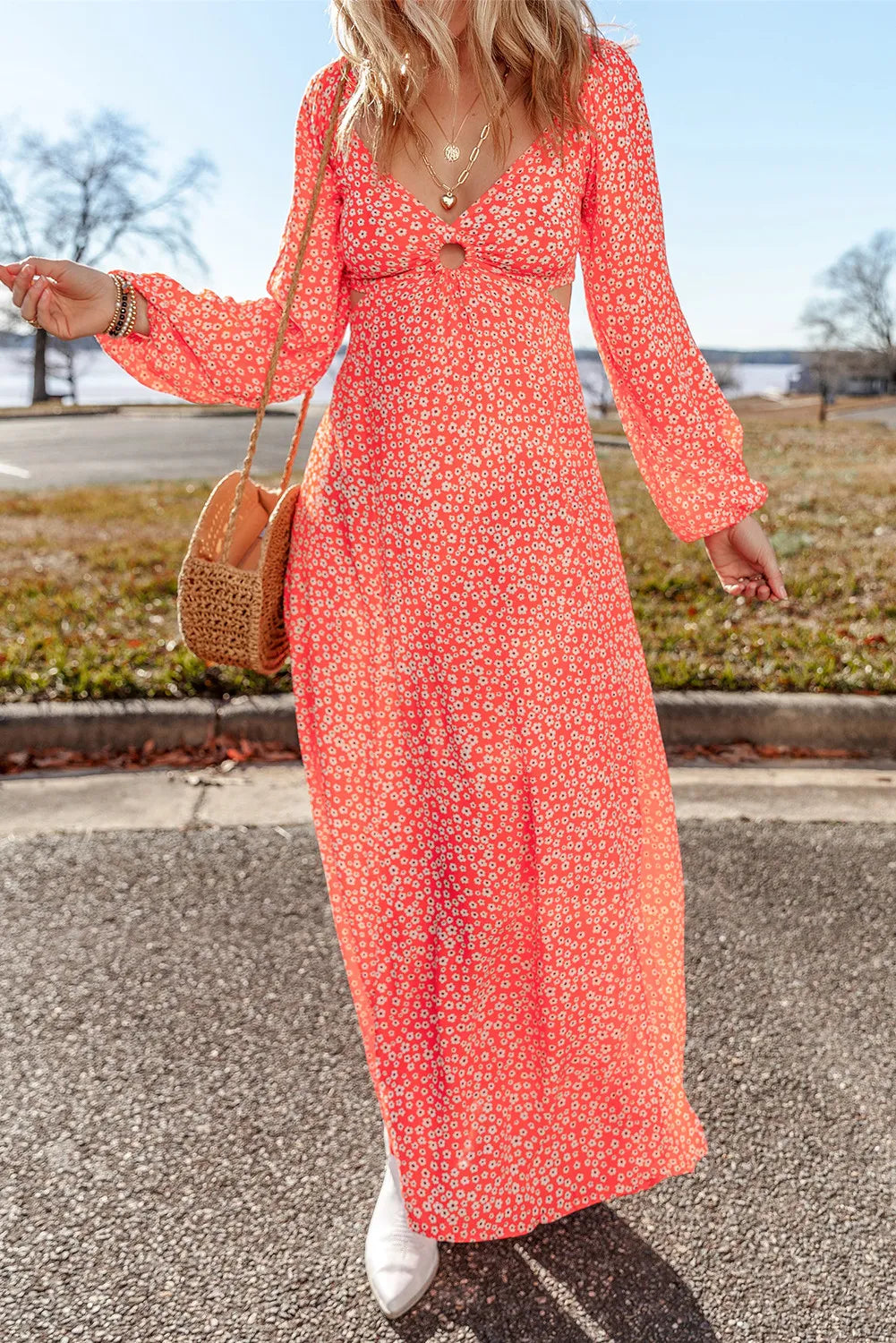 Spirit and Rebel Printed V-Neck Long Sleeve Midi Dress [Spirit and Rebel]   