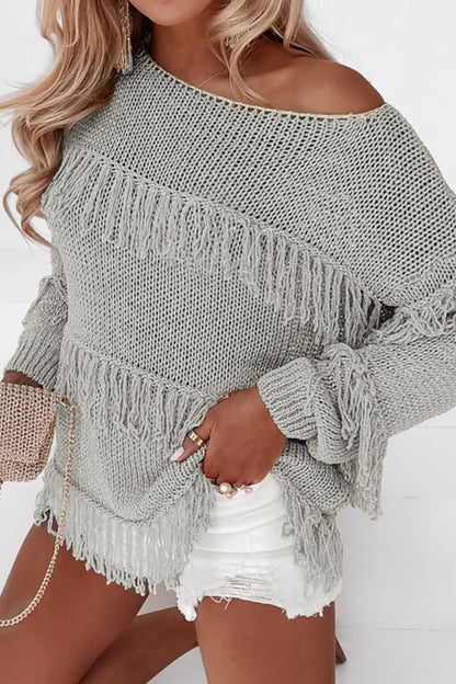 Fringe Boat Neck Long Sleeve Sweater [Spirit and Rebel] Gray S