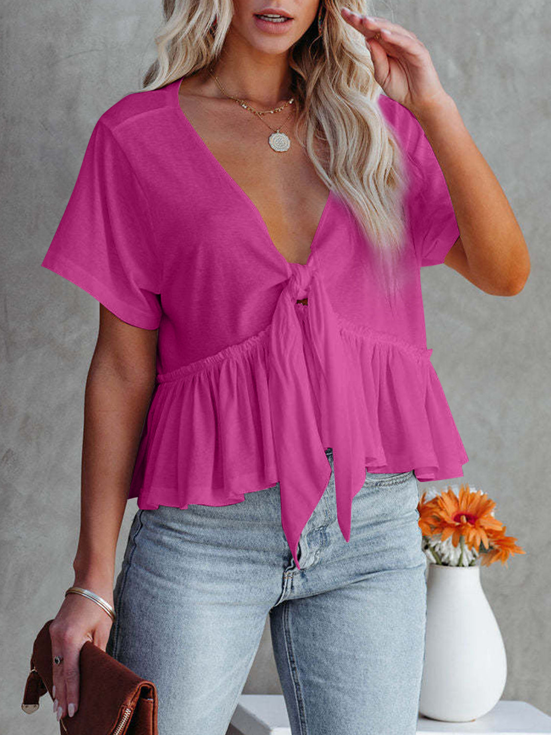 Tied Plunge Short Sleeve Boho Blouse - Spirit and Rebel [Spirit and Rebel] Hot Pink S 