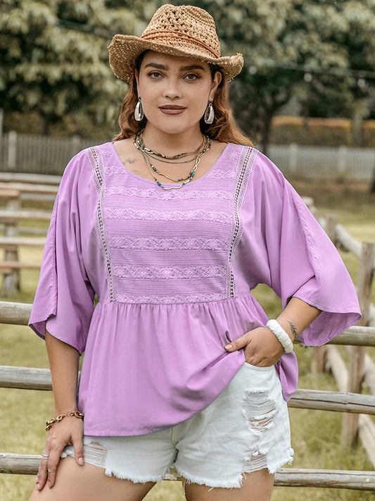 Plus Size Lace Detail Round Neck Three-Quarter Sleeve Boho Blouse - Spirit and Rebel [Spirit and Rebel] Lavender 0XL 