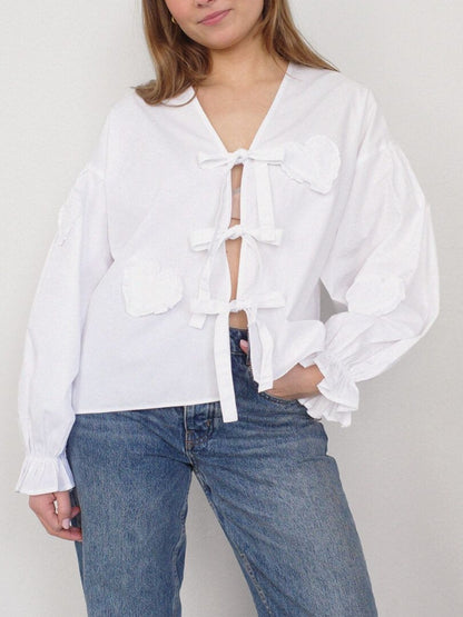 Spirit and Rebel Tied Flounce Sleeve Bohemian Blouse [Spirit and Rebel] White S 