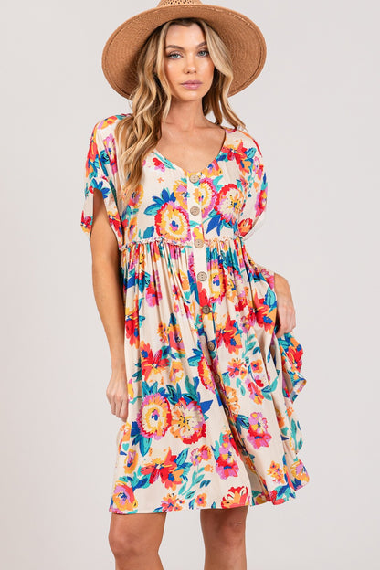 Plus Size Floral Button-Down Short Sleeve Boho Dress - Spirit and Rebel [Spirit and Rebel] Multi S 