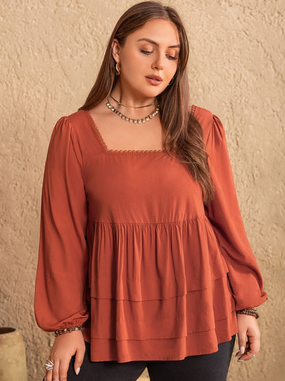 Plus Size Lace Detail Square Neck Long Sleeve Boho Blouse - Spirit and Rebel [Spirit and Rebel]   