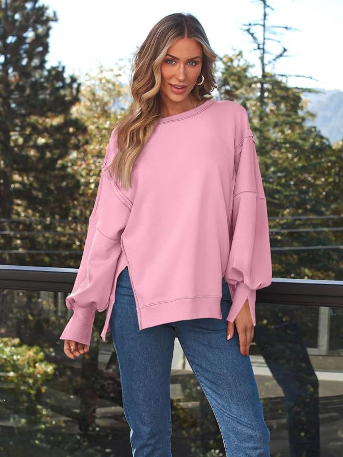 Slit Round Neck Long Sleeve Boho Sweatshirt - Spirit and Rebel [Spirit and Rebel] Pink S 