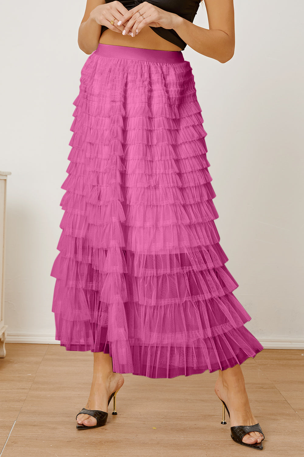 Ruched High Waist Tiered Boho Skirt [Spirit and Rebel] Fuchsia Pink S 