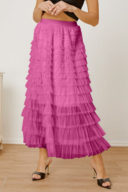 Ruched High Waist Tiered Boho Skirt [Spirit and Rebel] Fuchsia Pink S 