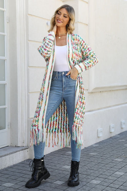 Multicolored Open Front Fringe Hem Boho Cardigan Kimono [Spirit and Rebel] Mid Green 2XL 