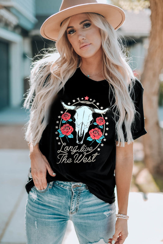 Graphic Round Neck Short Sleeve T-Boho Shirt - Spirit and Rebel [Spirit and Rebel] Black S 