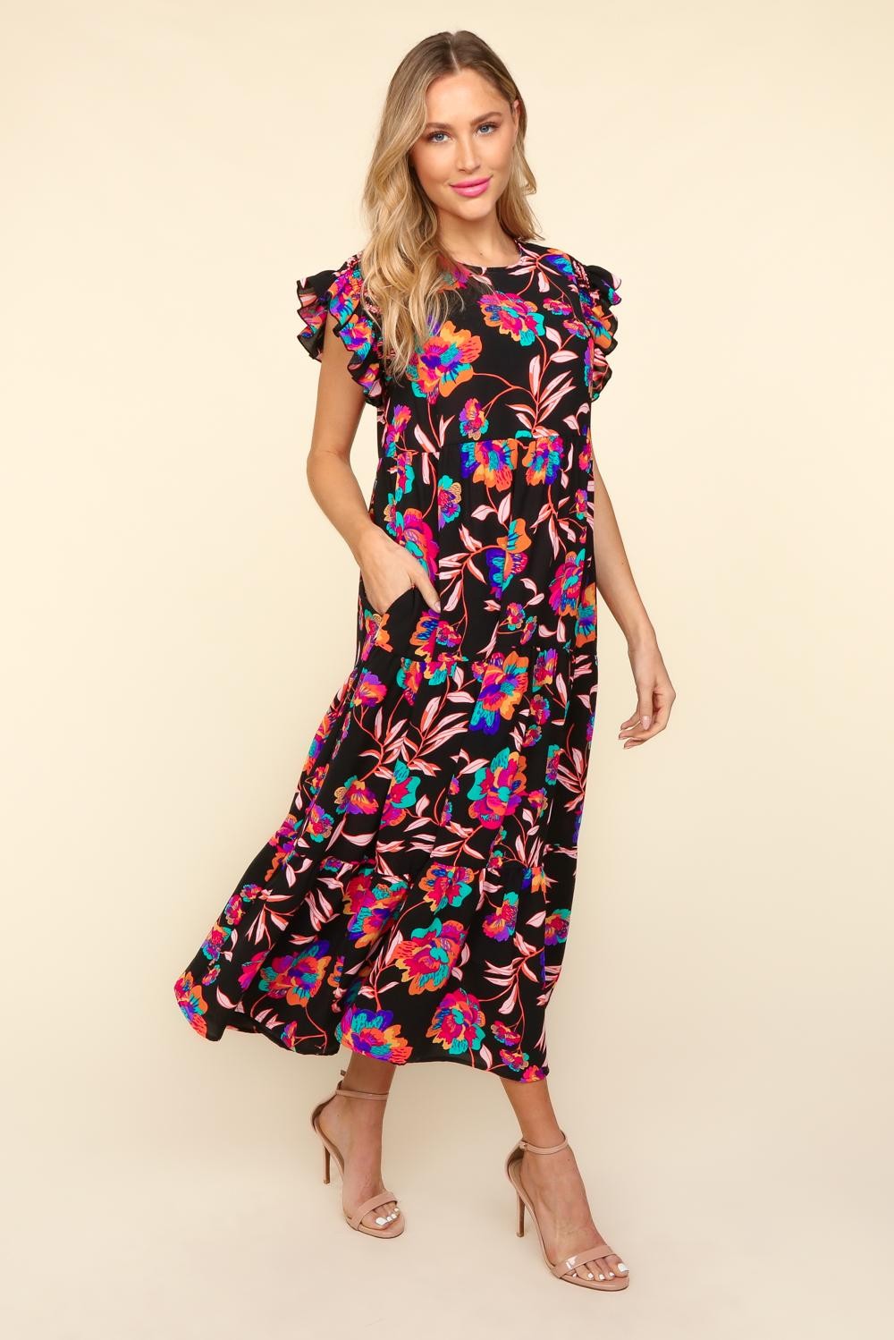 Ruffled Printed Round Neck Cap Sleeve Boho Dress - Spirit and Rebel [Spirit and Rebel]   