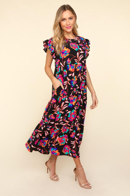 Ruffled Printed Round Neck Cap Sleeve Boho Dress - Spirit and Rebel [Spirit and Rebel]   