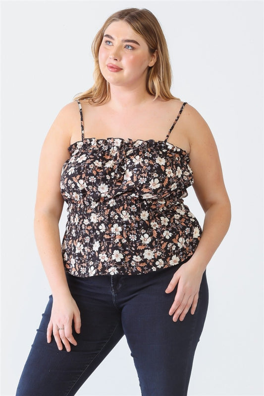 Plus Size Frill Floral Square Neck Boho Cami - Spirit and Rebel [Spirit and Rebel] Black 1XL 