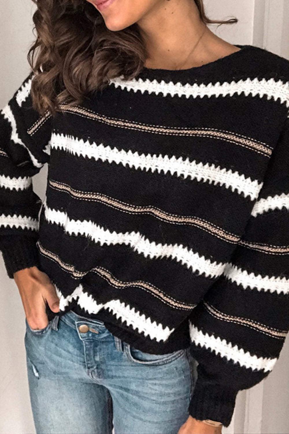 Contrast Striped Round Neck Long Sleeve Sweater [Spirit and Rebel]