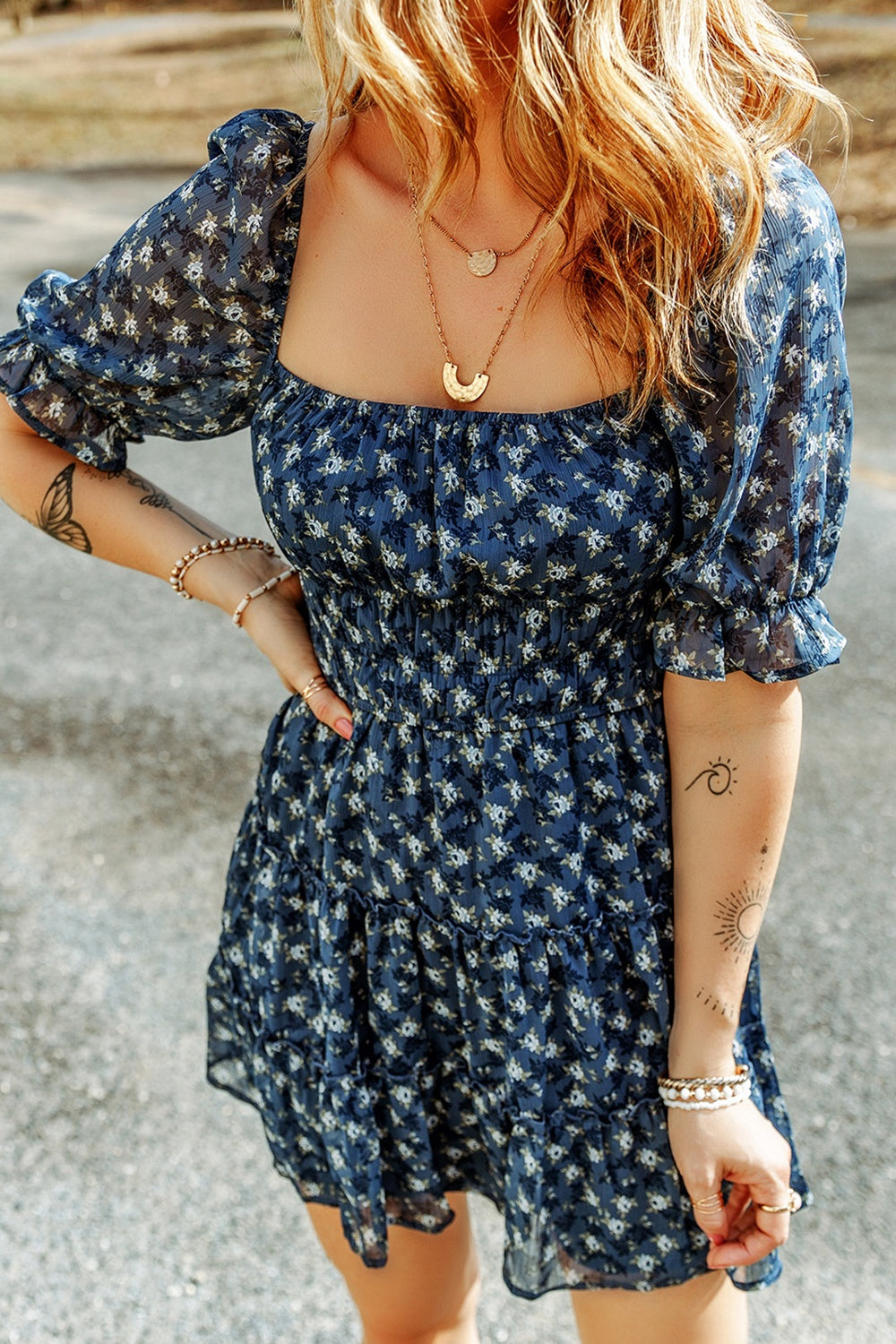 Printed Square Neck Short Sleeve Boho Dress [Spirit and Rebel]   