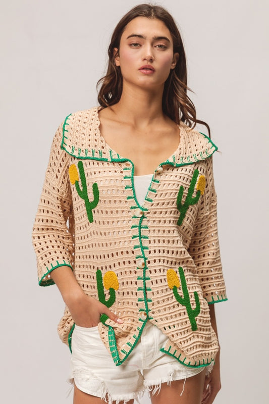 Edge Stitched Cactus Patch Boho Sweater Boho Cardigan - Spirit and Rebel [Spirit and Rebel] Oatmeal/Green S 