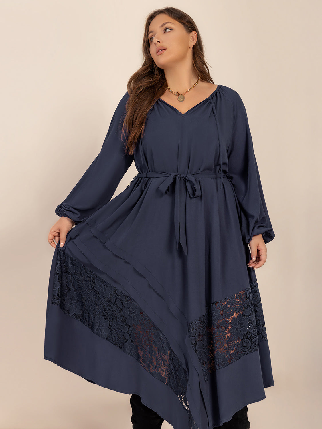 Spirit and Rebel Plus Size Lace Detail Tie Neck Long Sleeve Midi Dress [Spirit and Rebel]   