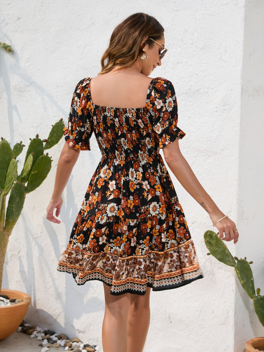 Boho Chic  Printed Square Neck Short Sleeve Dress [Spirit and Rebel]   