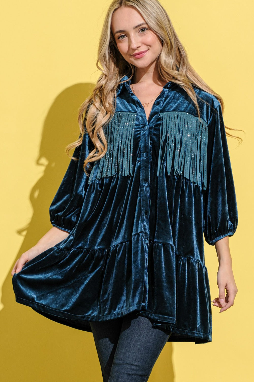 Spirit and Rebel Fringe Detailed Velvet Boho Chic Shirt Dress [Spirit and Rebel] Teal S 