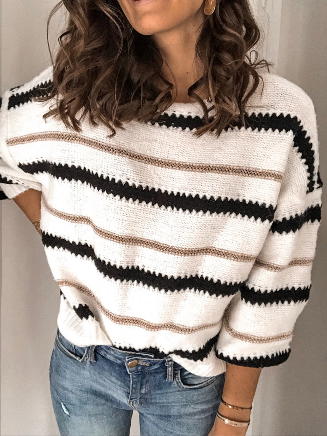 Contrast Striped Round Neck Long Sleeve Sweater [Spirit and Rebel]