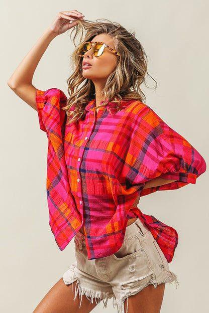 Button Up Dolman Sleeve Plaid Boho Shirt - Spirit and Rebel [Spirit and Rebel]   