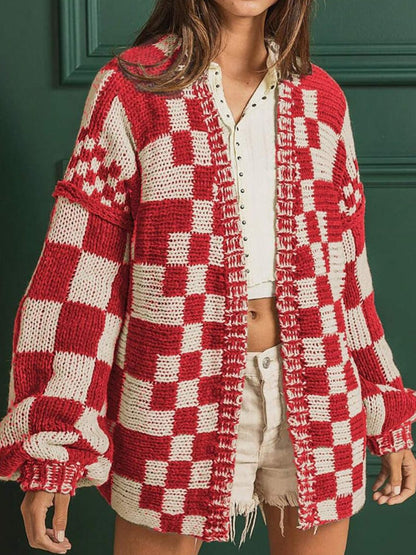 Checkered Open Front Long Sleeve Boho Cardigan [Spirit and Rebel] Deep Red S