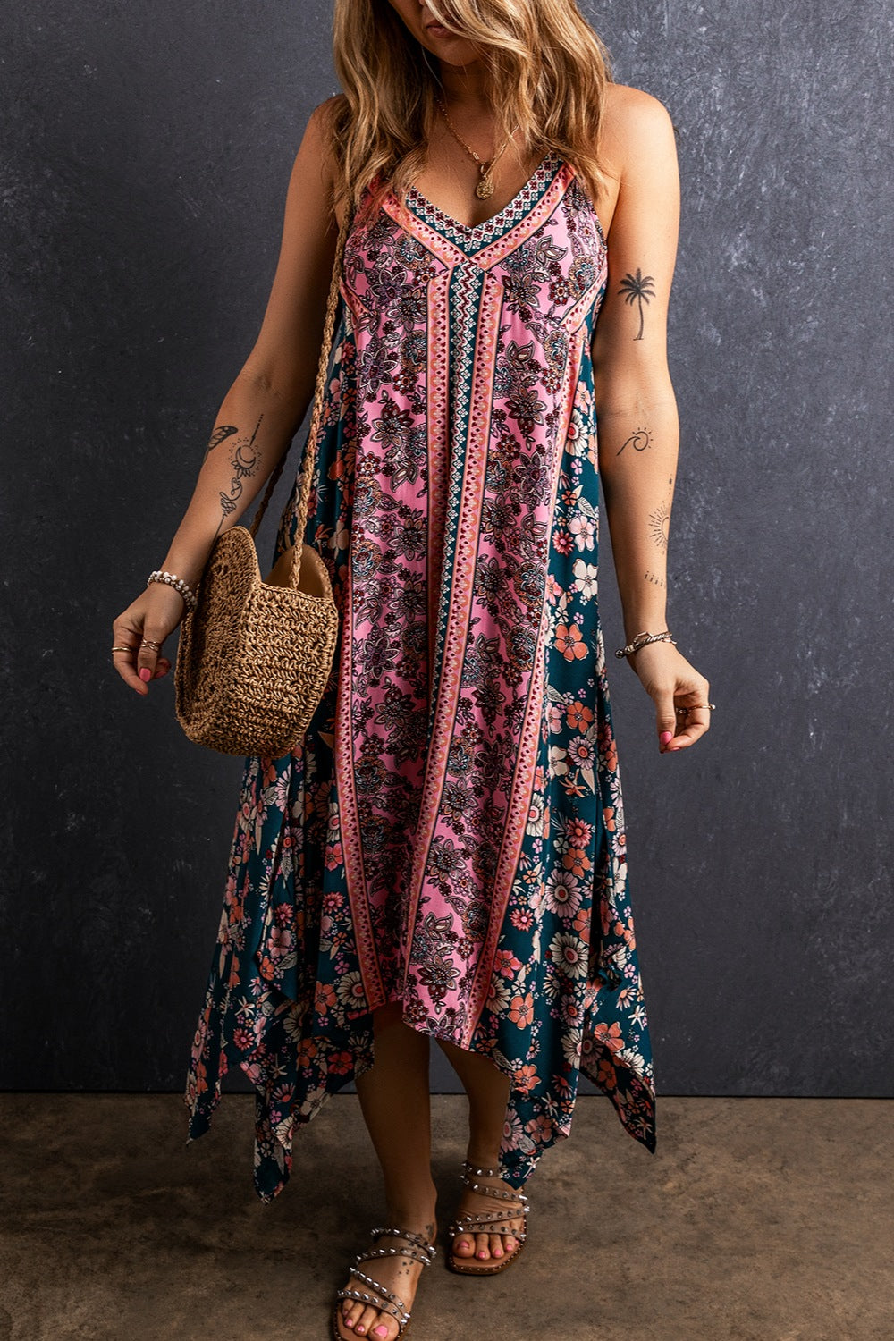 Printed V-Neck Midi Cami Boho Dress [Spirit and Rebel] Multicolor S 