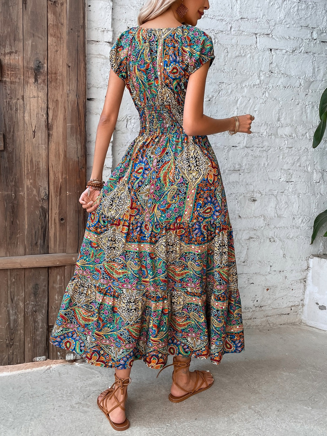 Smocked Printed Cap Sleeve Midi Boho Dress [Spirit and Rebel]   