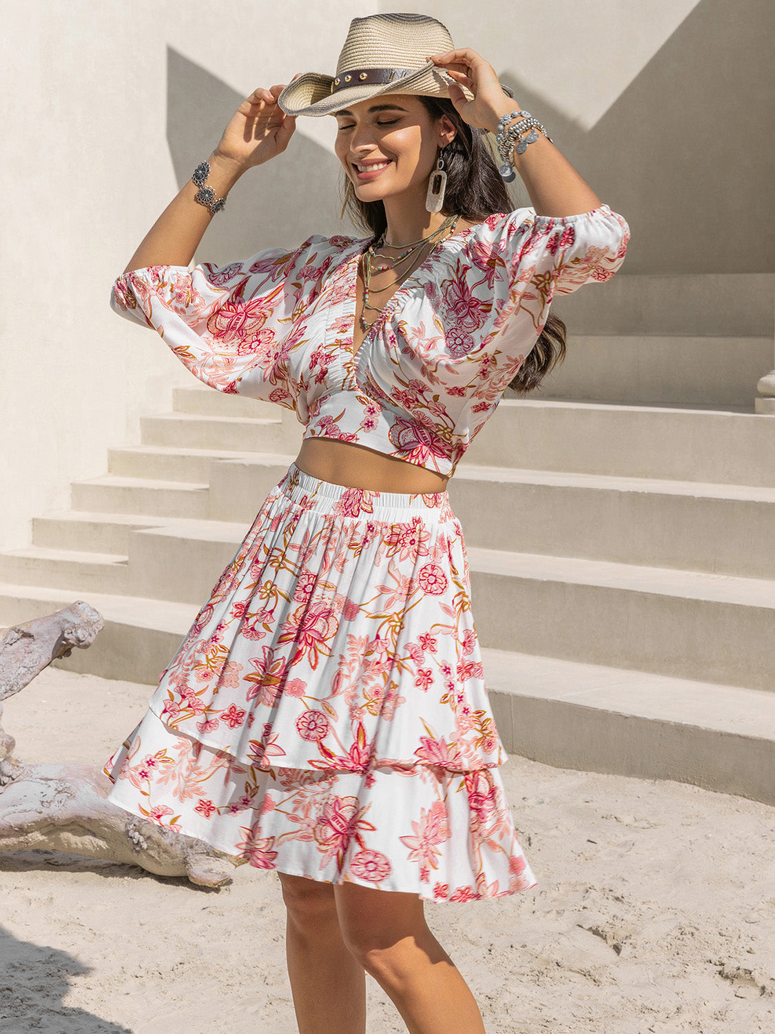 Printed Half Sleeve Boho Top and Layered Skirt Set - Spirit and Rebel [Spirit and Rebel] Blush Pink S 