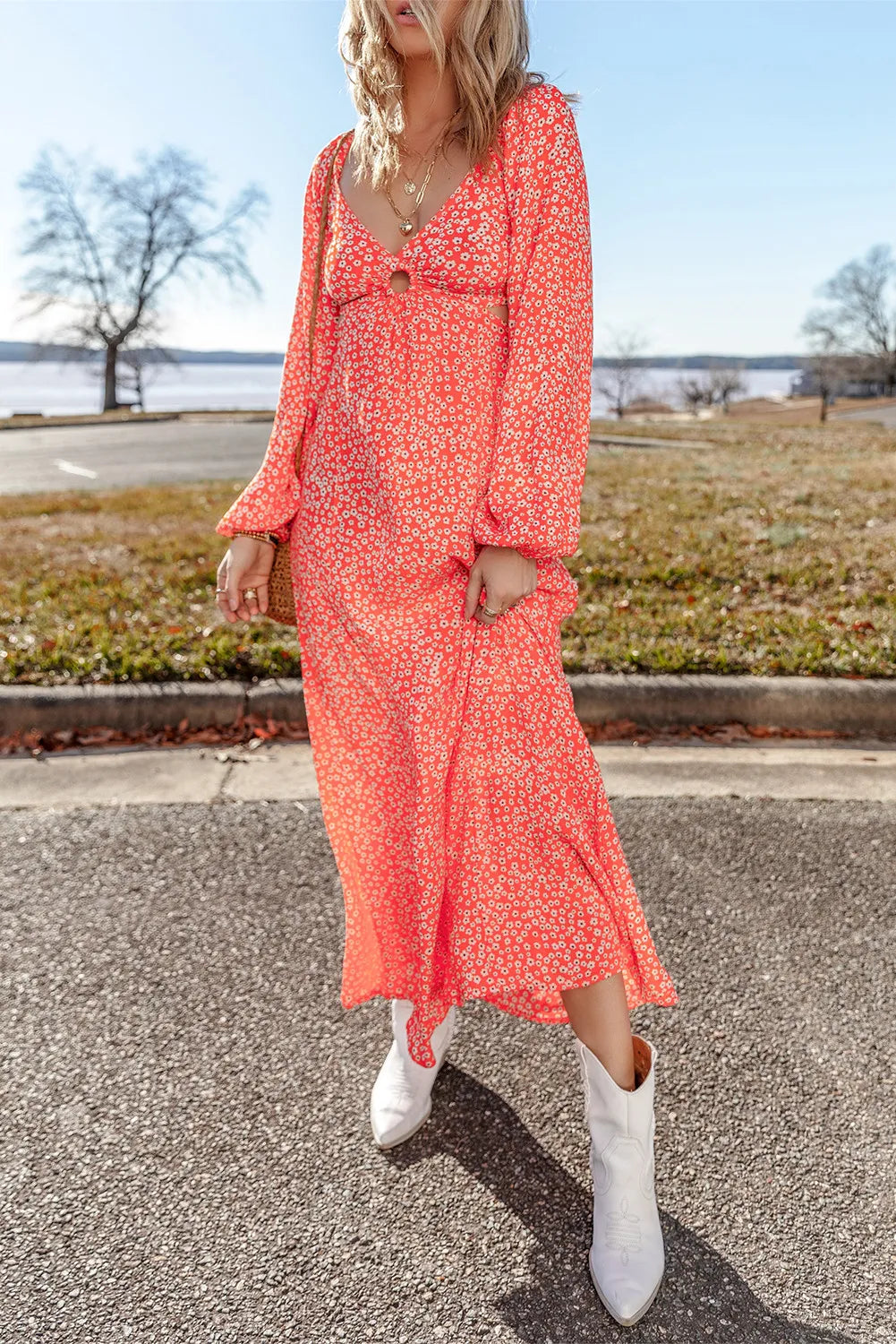 Spirit and Rebel Printed V-Neck Long Sleeve Midi Dress [Spirit and Rebel]   