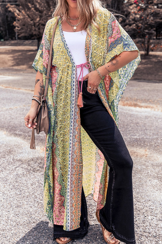 Drawstring Printed Kimono Sleeve Boho Cover Up - Spirit and Rebel [Spirit and Rebel] Multicolor One Size 