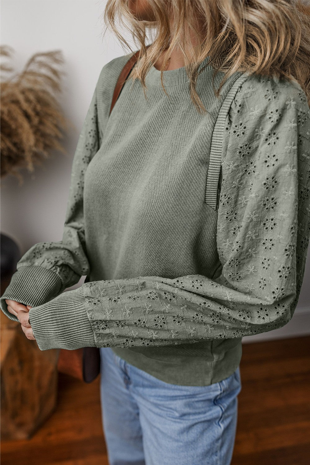 Eyelet Round Neck Long Sleeve Boho Sweatshirt - Spirit and Rebel [Spirit and Rebel]   