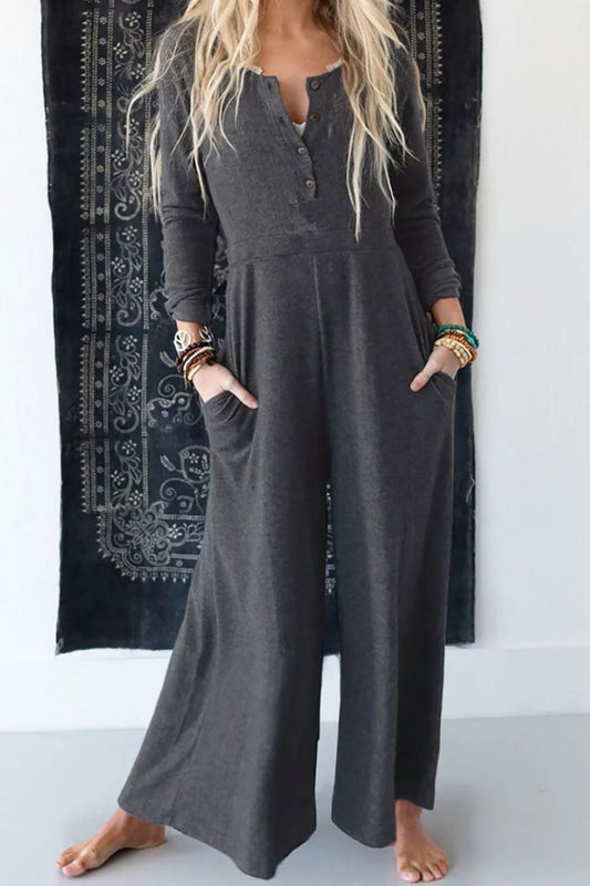 Pocketed Long Sleeve Wide Leg Boho Jumpsuit - Spirit and Rebel [Spirit and Rebel] Dark Gray S 