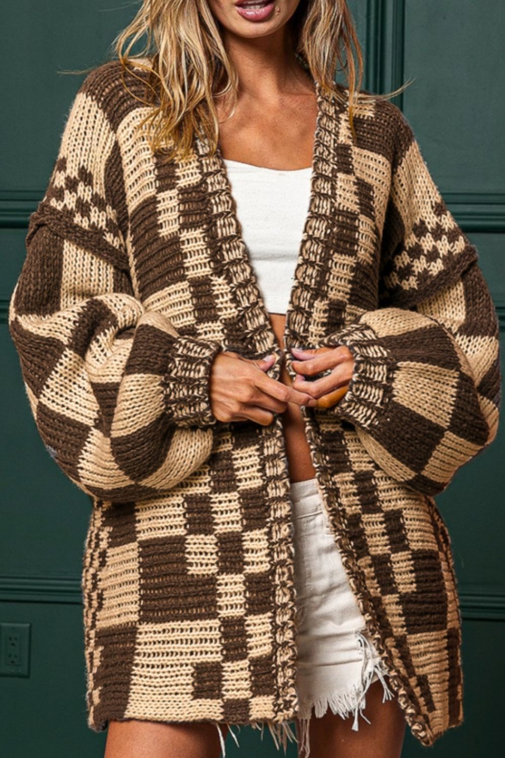 Checkered Open Front Long Sleeve Boho Cardigan [Spirit and Rebel]