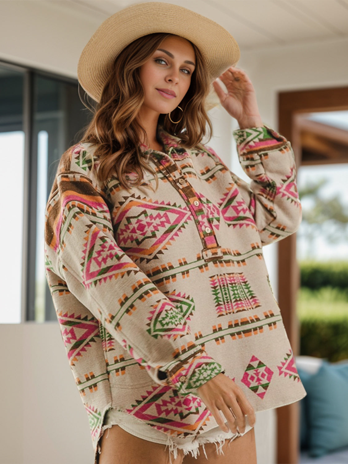 Spirit and Rebel Geometric Half Button Long Sleeve Boho Sweatshirt [Spirit and Rebel]   