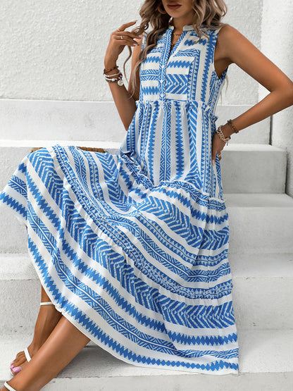 Frill Printed Notched Sleeveless Boho Dress [Spirit and Rebel]   