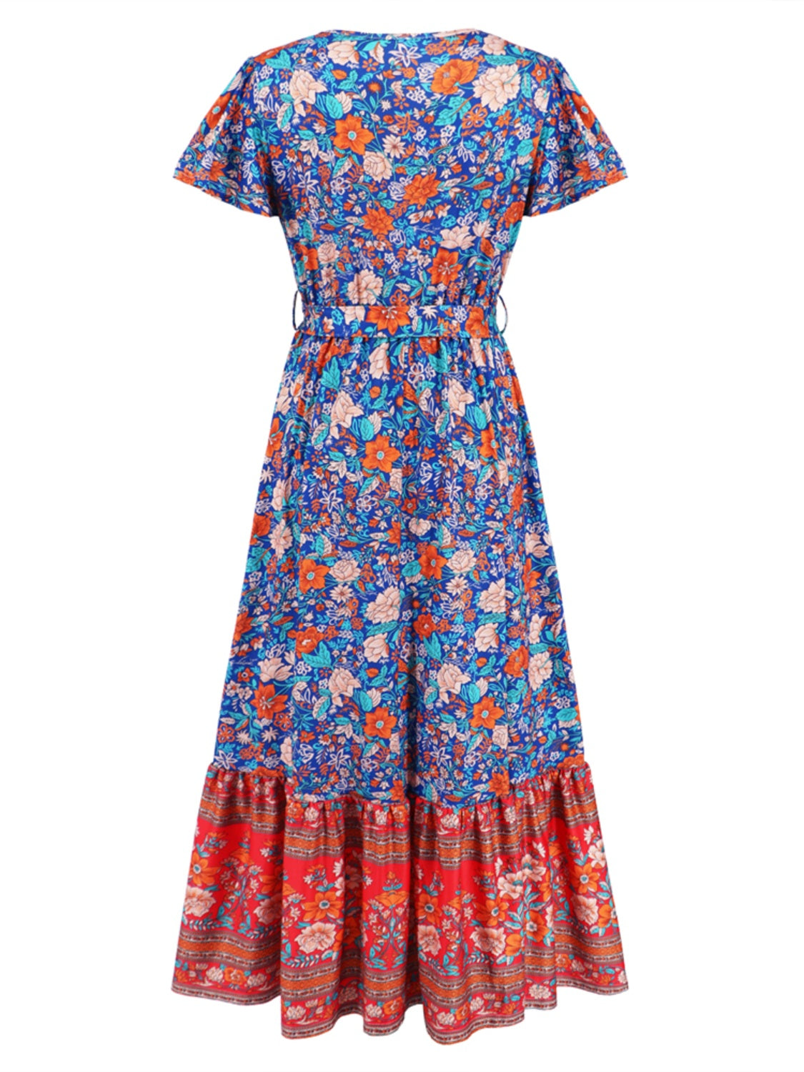 Tied Printed V-Neck Short Sleeve Boho Wedding Guest Dress [Spirit and Rebel]   