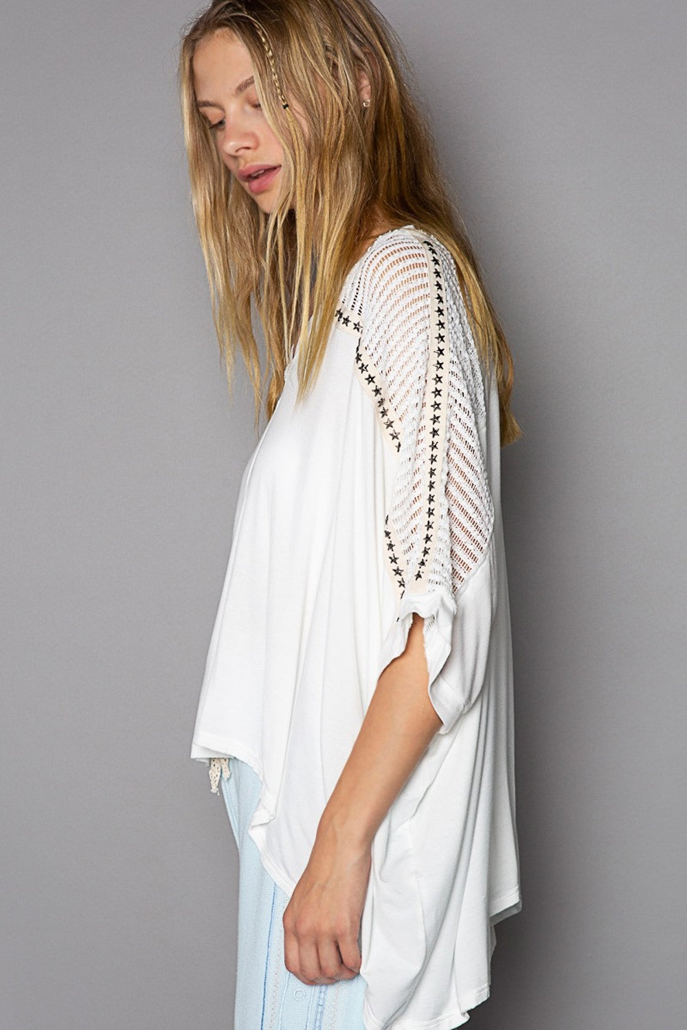 Oversize V-Neck Crochet Lace Contrast Studded Boho Top - Spirit and Rebel [Spirit and Rebel]   